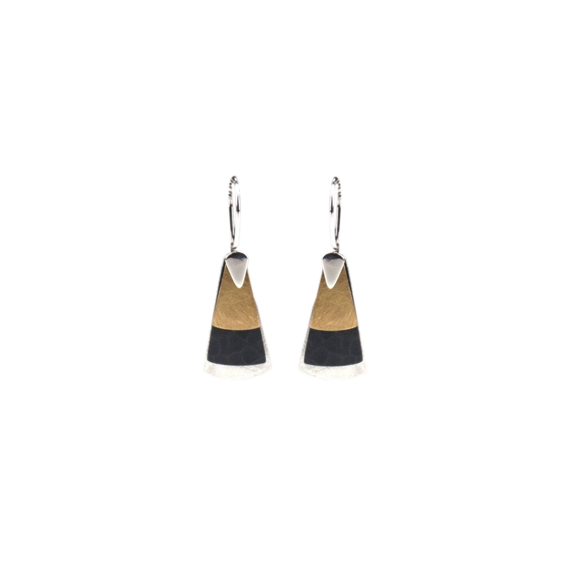 Triangular shaped drop featuring matt silver, oxidised silver and matt brass on a sterling silver hook.