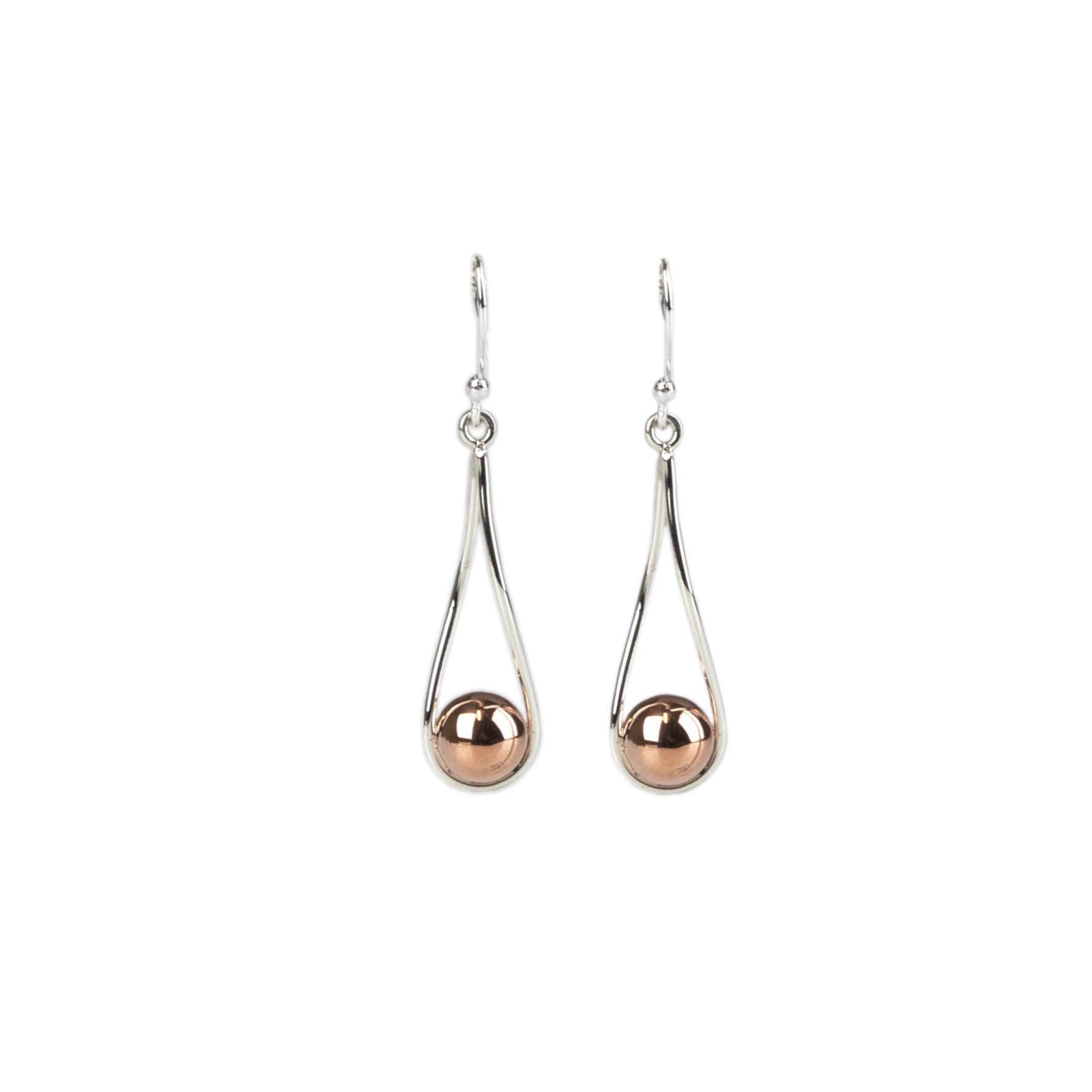 Mixed metal drop earring with a copper ball caught in a silver loop Antonia Scales jewellery